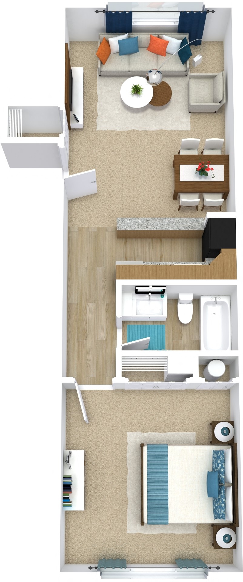 Floor plan for 1 bed, 1 bath, 600 sqft